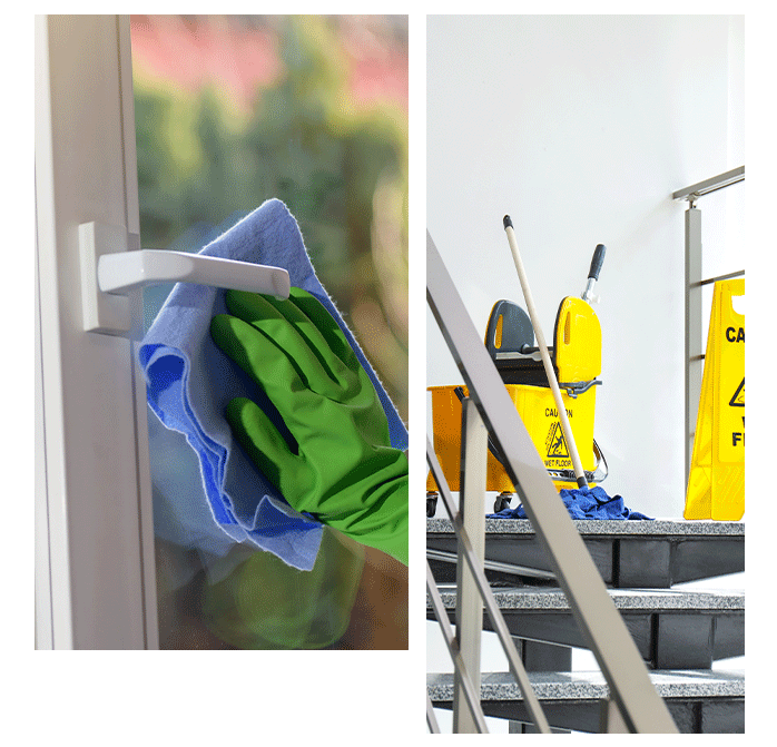 Concept of commercial cleaners in Denver. Cleaner wearing latex gloves cleans glass windows.