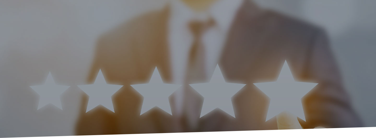 Five-star graphics in front of a blurred image of a businessman. Customer reviews concept.