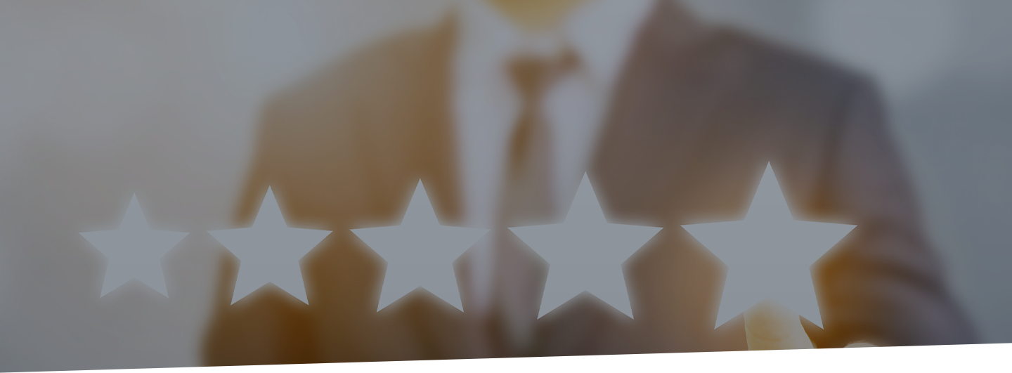 Five-star graphics in front of blurred image of a businessman. Customer reviews concept.