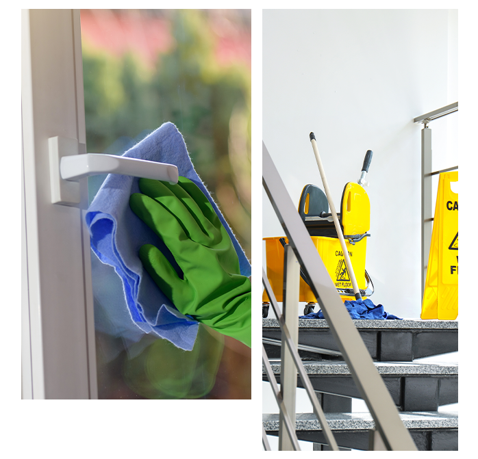 Concept of commercial cleaners in Oklahoma. Cleaner wearing latex gloves cleans glass windows.