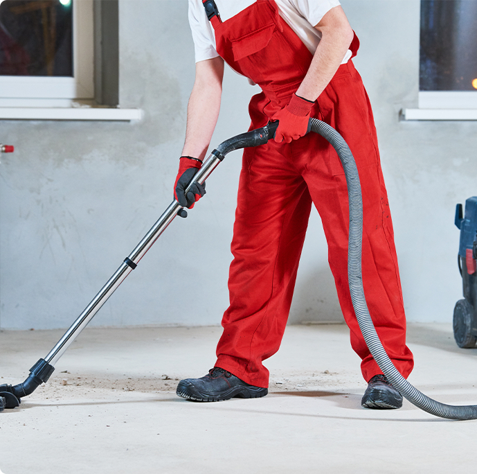 Cropped image of male cleaner using commercial-grade vacuum to provide post-construction cleanup.